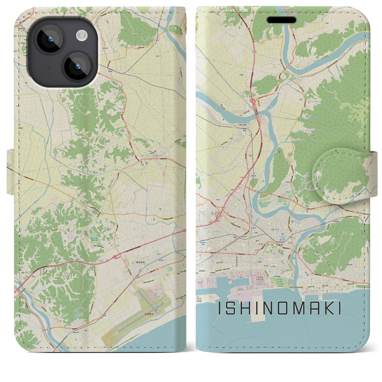 【石巻（宮城県）】地図柄iPhoneケース（手帳タイプ）ナチュラル・iPhone 14 Plus 用