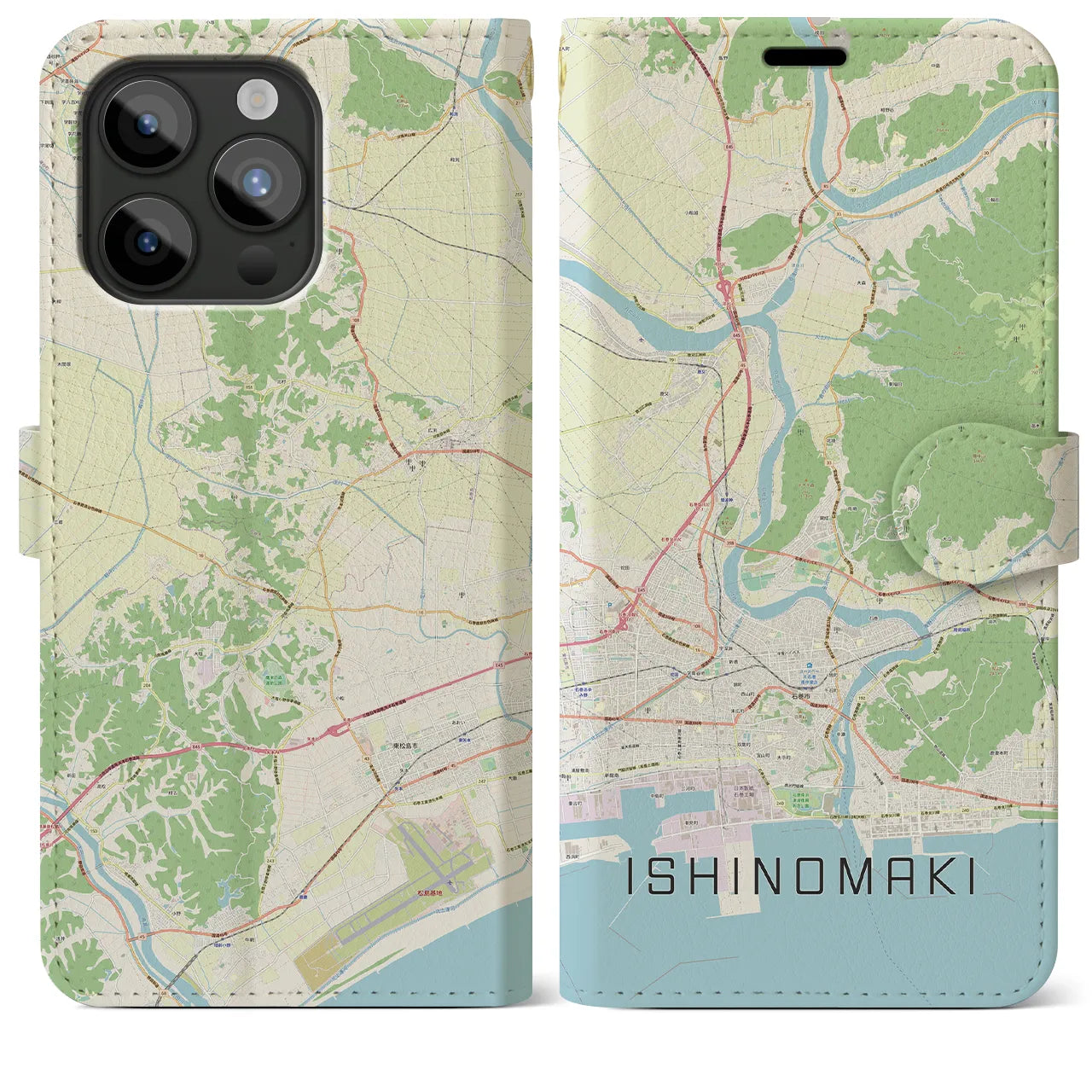 【石巻（宮城県）】地図柄iPhoneケース（手帳タイプ）ナチュラル・iPhone 15 Pro Max 用