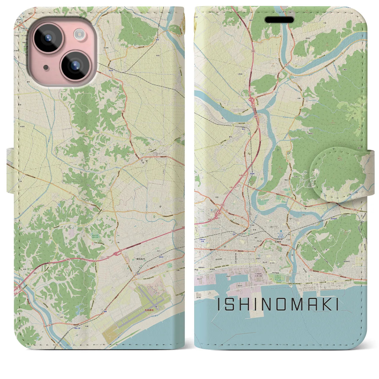 【石巻（宮城県）】地図柄iPhoneケース（手帳タイプ）ナチュラル・iPhone 15 Plus 用