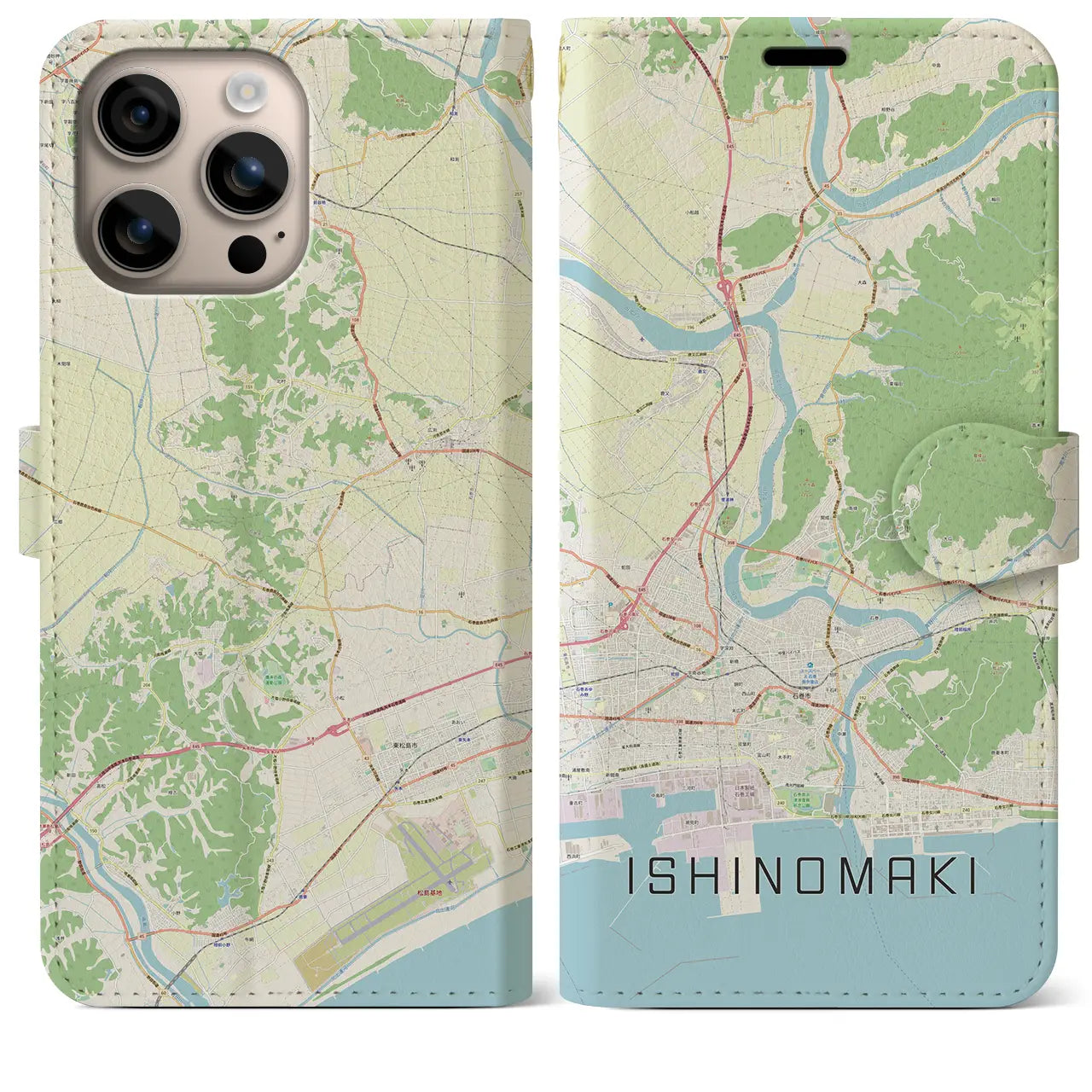 【石巻（宮城県）】地図柄iPhoneケース（手帳タイプ）ナチュラル・iPhone 16 Plus 用