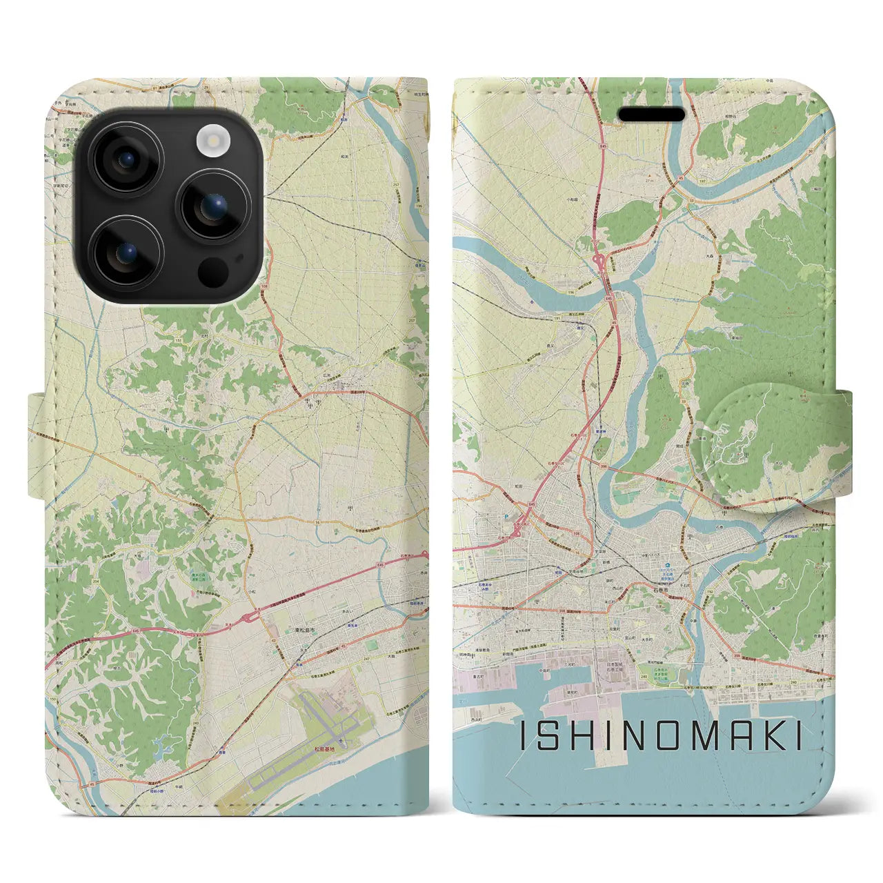 【石巻（宮城県）】地図柄iPhoneケース（手帳タイプ）ナチュラル・iPhone 16 用