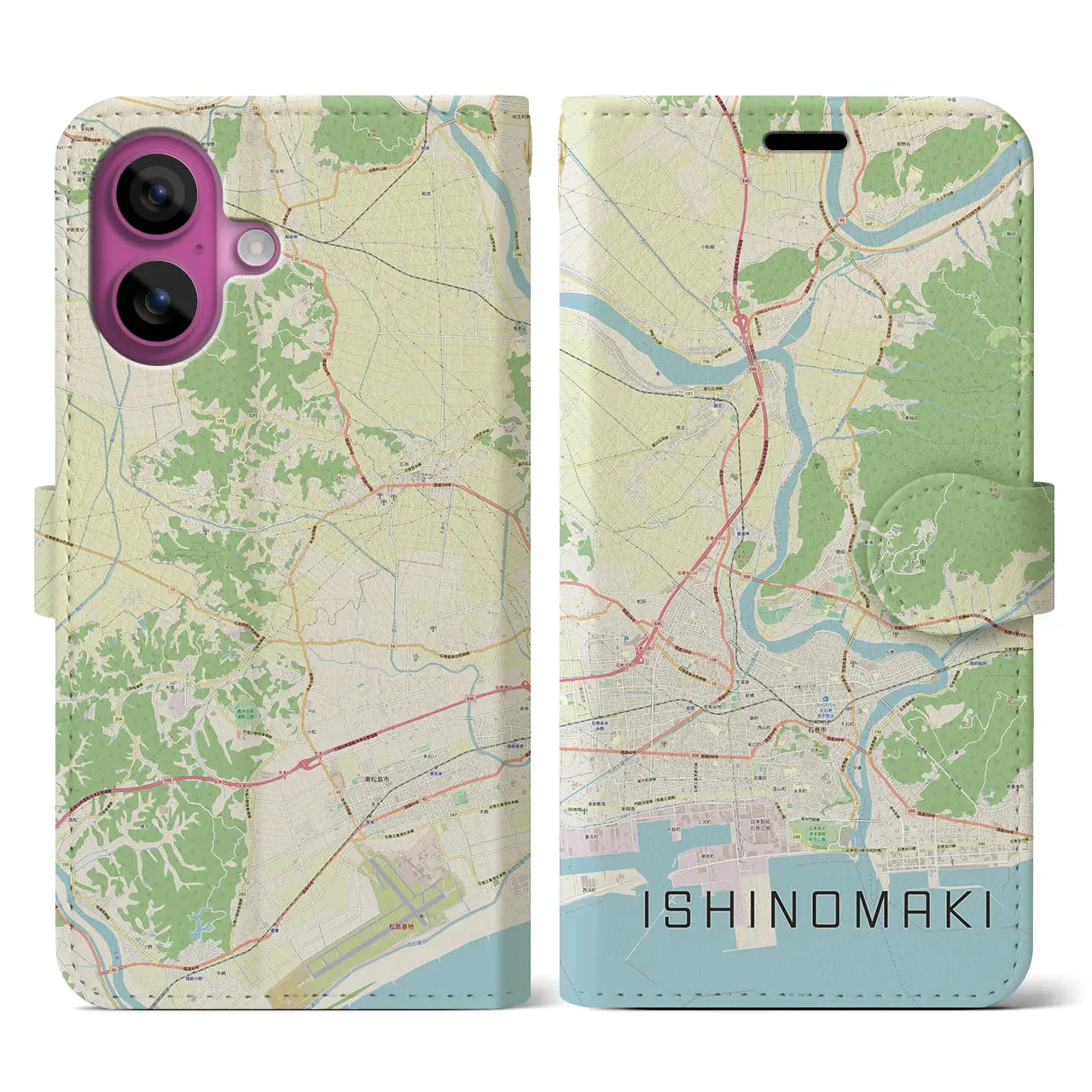 【石巻（宮城県）】地図柄iPhoneケース（手帳タイプ）ナチュラル・iPhone 16 Pro 用