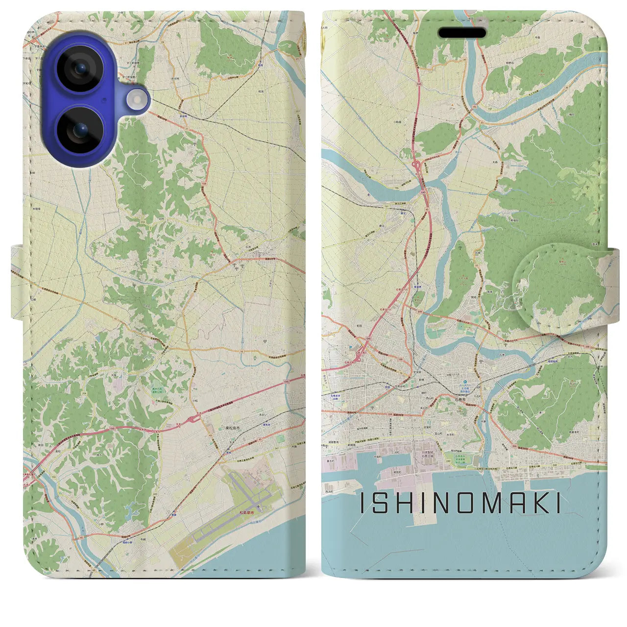 【石巻（宮城県）】地図柄iPhoneケース（手帳タイプ）ナチュラル・iPhone 16 Pro Max 用