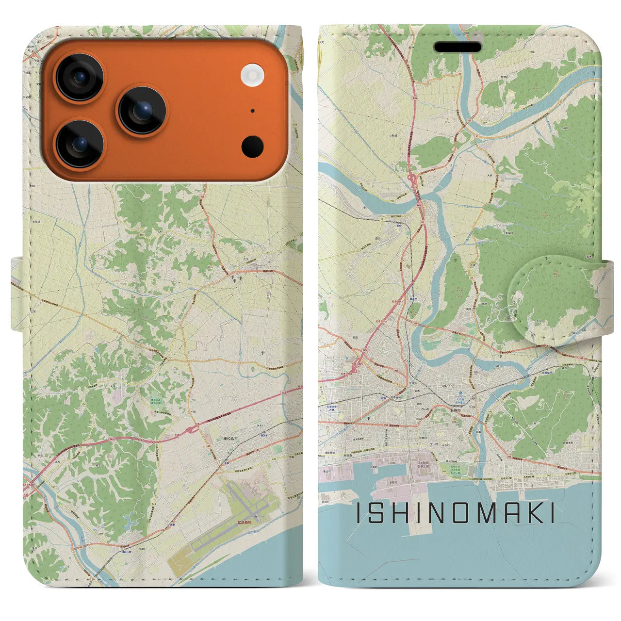 【石巻（宮城県）】地図柄iPhoneケース（手帳タイプ）ナチュラル・iPhone 17 Pro Max 用
