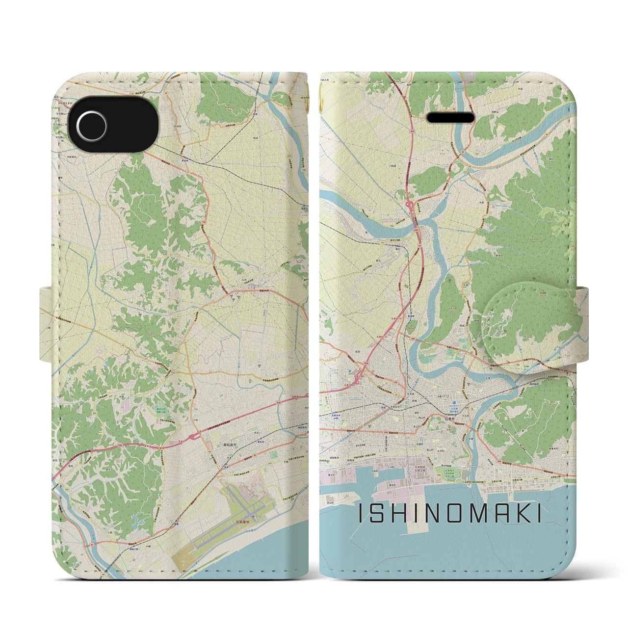 【石巻（宮城県）】地図柄iPhoneケース（手帳タイプ）ナチュラル・iPhone SE（第3 / 第2世代） / 8 / 7 / 6s / 6 用