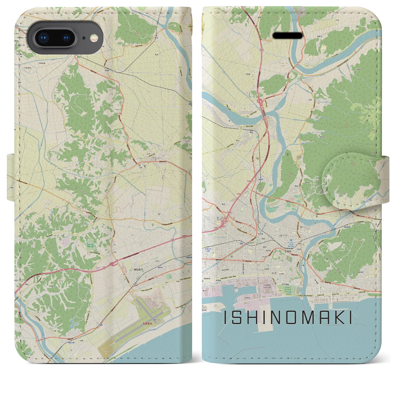 【石巻（宮城県）】地図柄iPhoneケース（手帳タイプ）ナチュラル・iPhone 8Plus /7Plus / 6sPlus / 6Plus 用