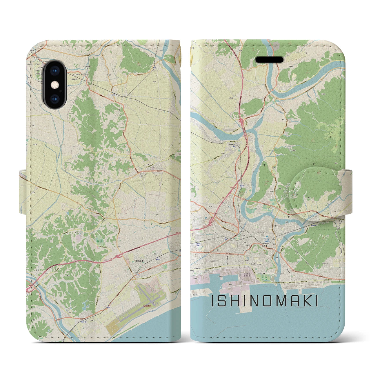 【石巻（宮城県）】地図柄iPhoneケース（手帳タイプ）ナチュラル・iPhone XS / X 用