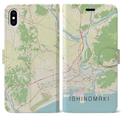 【石巻（宮城県）】地図柄iPhoneケース（手帳タイプ）ナチュラル・iPhone XS Max 用