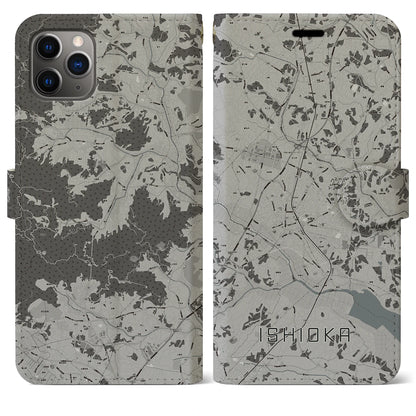 【石岡（茨城県）】地図柄iPhoneケース（手帳タイプ）モノトーン・iPhone 11 Pro Max 用