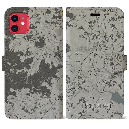 【石岡（茨城県）】地図柄iPhoneケース（手帳タイプ）モノトーン・iPhone 11 用