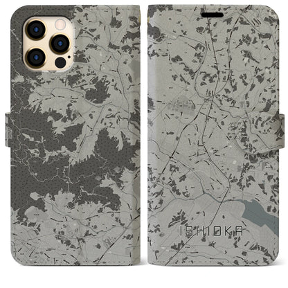 【石岡（茨城県）】地図柄iPhoneケース（手帳タイプ）モノトーン・iPhone 12 Pro Max 用