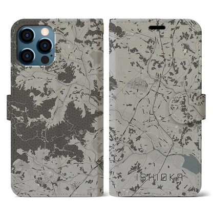 【石岡（茨城県）】地図柄iPhoneケース（手帳タイプ）モノトーン・iPhone 12 / 12 Pro 用