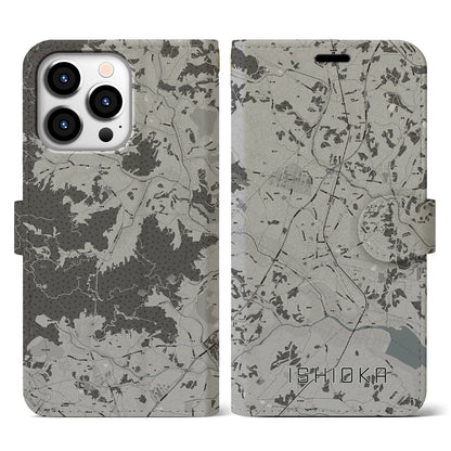 【石岡（茨城県）】地図柄iPhoneケース（手帳タイプ）モノトーン・iPhone 13 Pro 用
