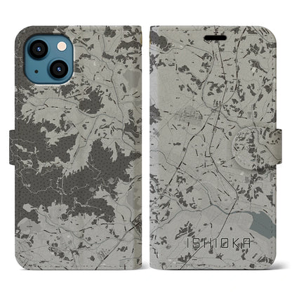 【石岡（茨城県）】地図柄iPhoneケース（手帳タイプ）モノトーン・iPhone 13 用