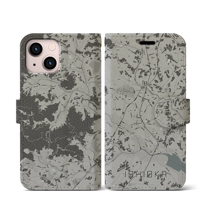 【石岡（茨城県）】地図柄iPhoneケース（手帳タイプ）モノトーン・iPhone 13 mini 用
