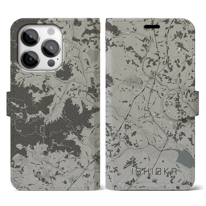 【石岡（茨城県）】地図柄iPhoneケース（手帳タイプ）モノトーン・iPhone 14 Pro 用