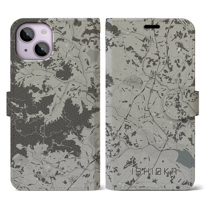 【石岡（茨城県）】地図柄iPhoneケース（手帳タイプ）モノトーン・iPhone 14 用