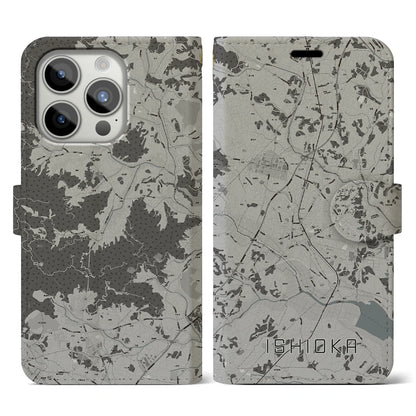 【石岡（茨城県）】地図柄iPhoneケース（手帳タイプ）モノトーン・iPhone 15 Pro 用