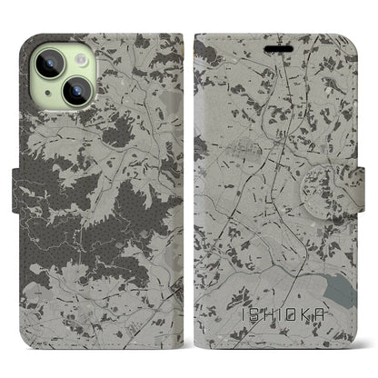 【石岡（茨城県）】地図柄iPhoneケース（手帳タイプ）モノトーン・iPhone 15 用