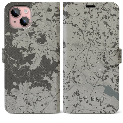 【石岡（茨城県）】地図柄iPhoneケース（手帳タイプ）モノトーン・iPhone 15 Plus 用