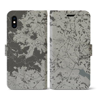 【石岡（茨城県）】地図柄iPhoneケース（手帳タイプ）モノトーン・iPhone XS / X 用