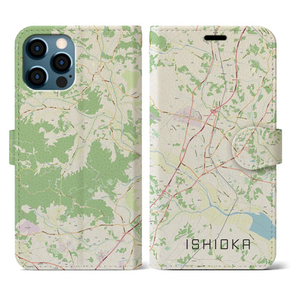 【石岡（茨城県）】地図柄iPhoneケース（手帳タイプ）ナチュラル・iPhone 12 / 12 Pro 用