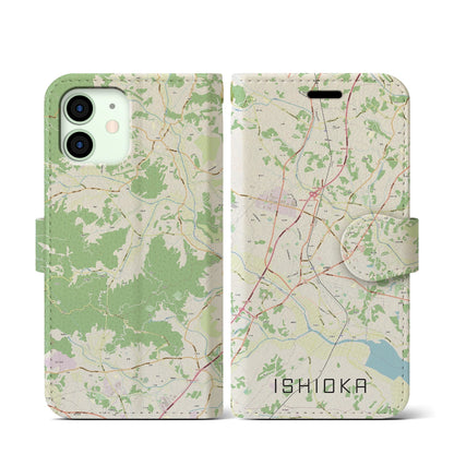 【石岡（茨城県）】地図柄iPhoneケース（手帳タイプ）ナチュラル・iPhone 12 mini 用