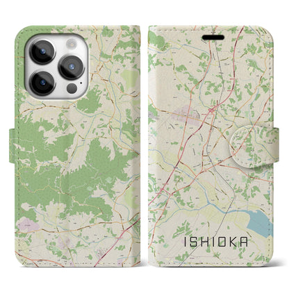 【石岡（茨城県）】地図柄iPhoneケース（手帳タイプ）ナチュラル・iPhone 14 Pro 用