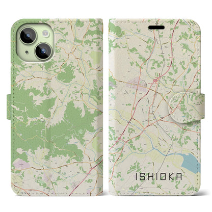 【石岡（茨城県）】地図柄iPhoneケース（手帳タイプ）ナチュラル・iPhone 15 用