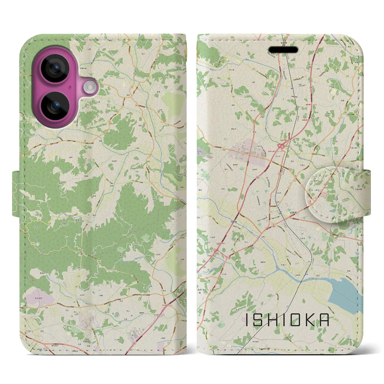 【石岡（茨城県）】地図柄iPhoneケース（手帳タイプ）ナチュラル・iPhone 16 Pro 用