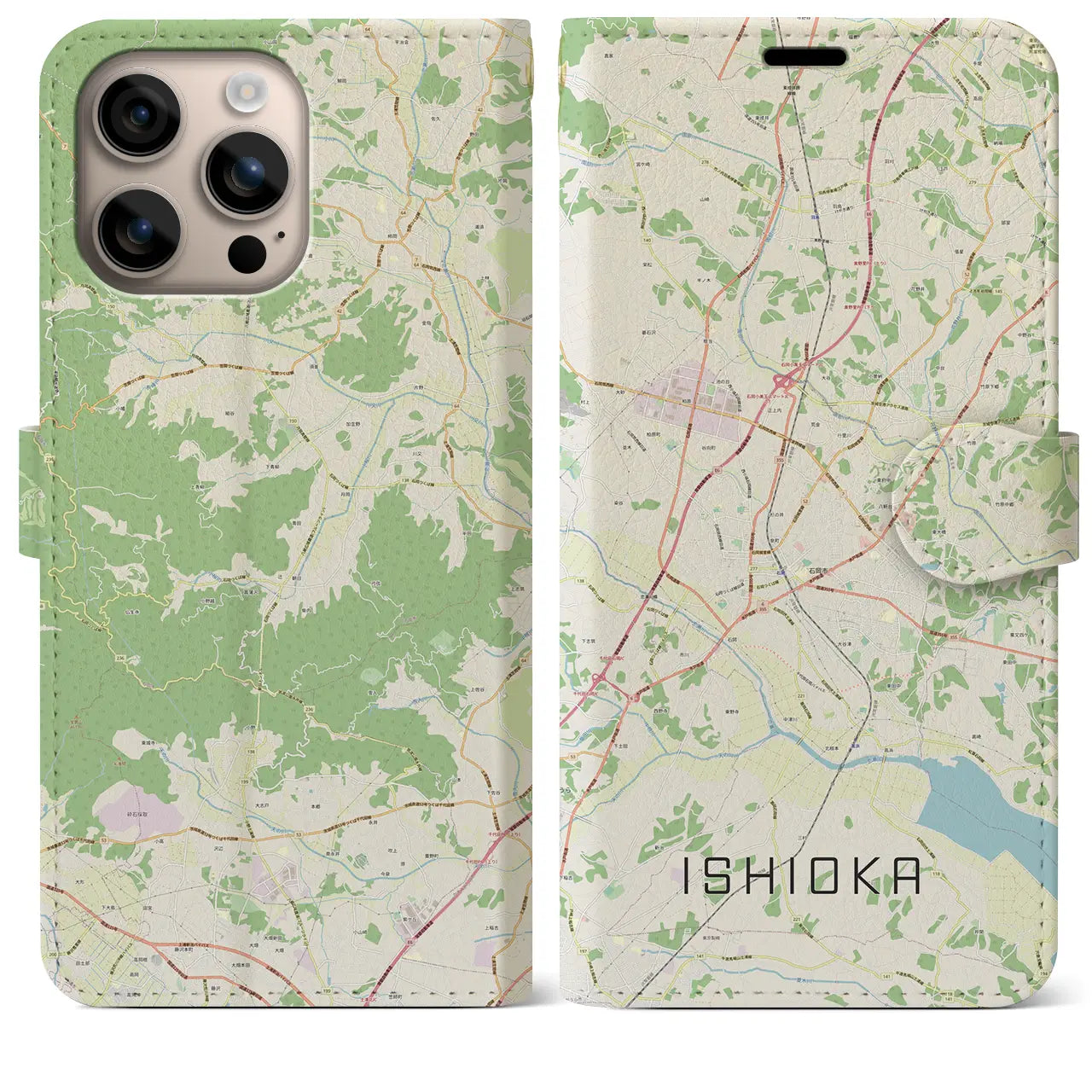 【石岡（茨城県）】地図柄iPhoneケース（手帳タイプ）ナチュラル・iPhone 16 Plus 用