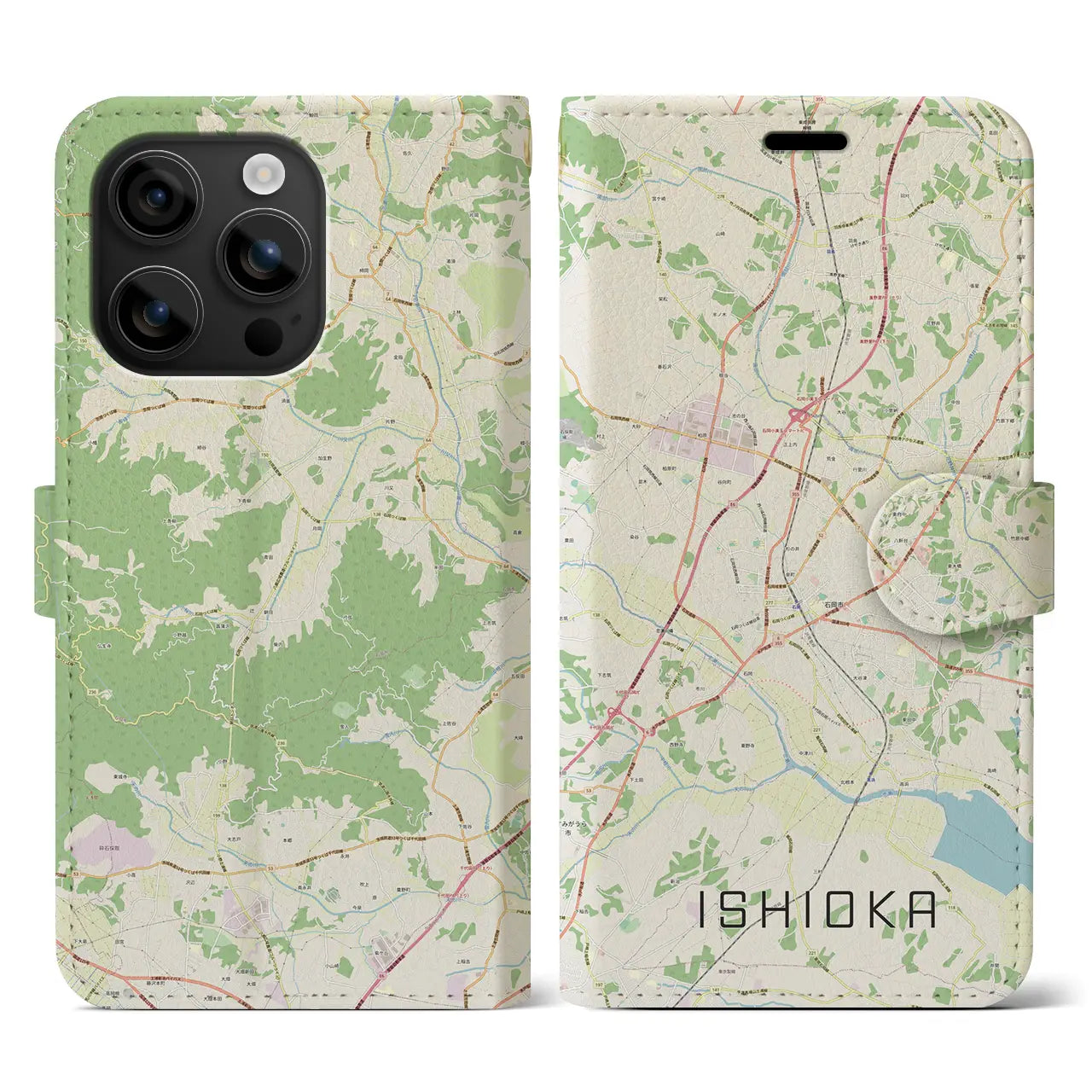 【石岡（茨城県）】地図柄iPhoneケース（手帳タイプ）ナチュラル・iPhone 16 用