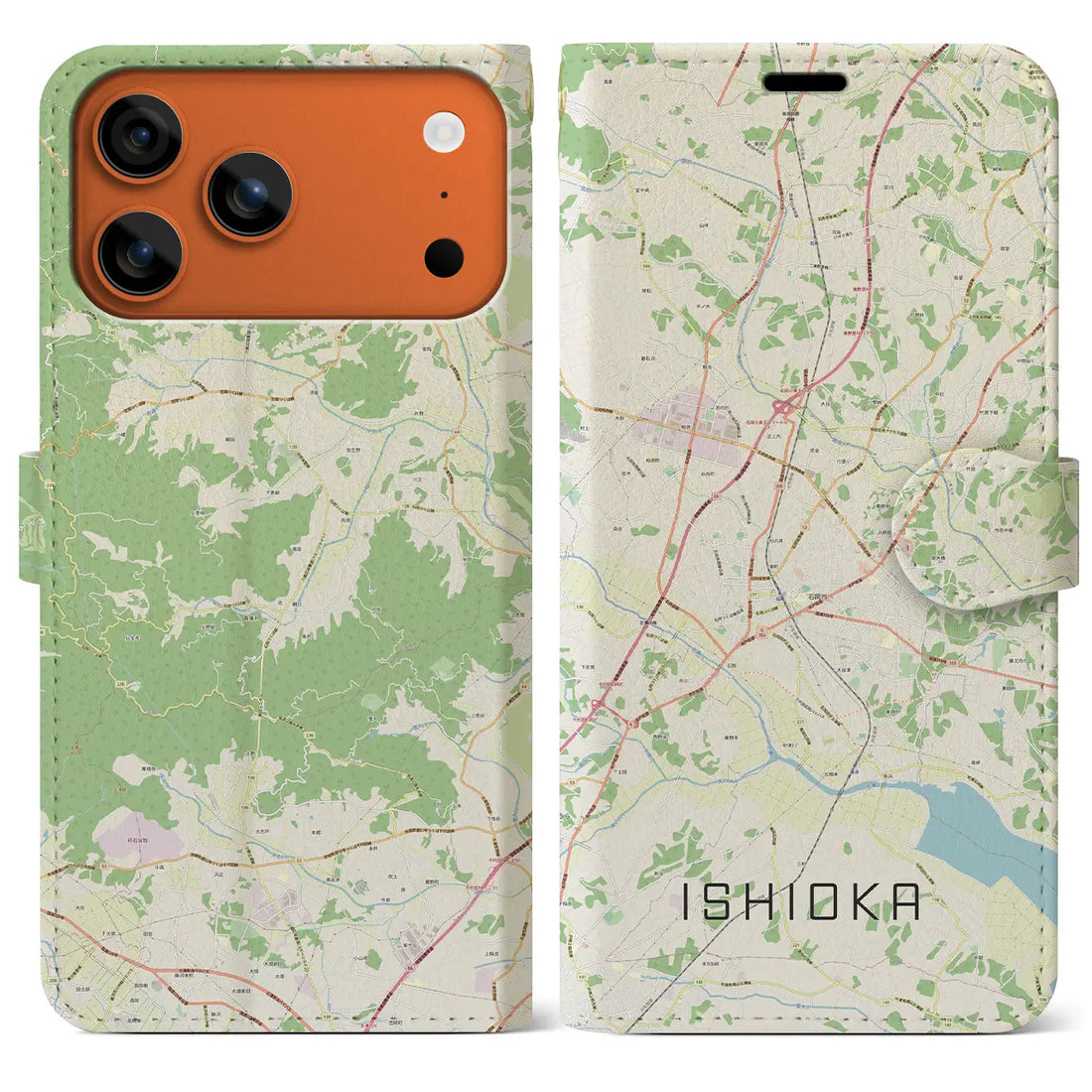 【石岡（茨城県）】地図柄iPhoneケース（手帳タイプ）ナチュラル・iPhone 17 Pro Max 用
