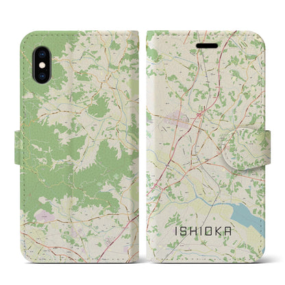 【石岡（茨城県）】地図柄iPhoneケース（手帳タイプ）ナチュラル・iPhone XS / X 用