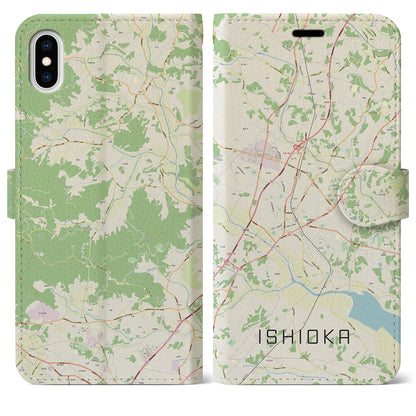 【石岡（茨城県）】地図柄iPhoneケース（手帳タイプ）ナチュラル・iPhone XS Max 用