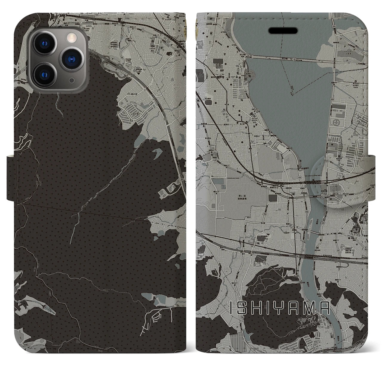 【石山】地図柄iPhoneケース（手帳両面タイプ・モノトーン）iPhone 11 Pro Max 用