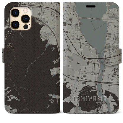 【石山（滋賀県）】地図柄iPhoneケース（手帳タイプ）モノトーン・iPhone 12 Pro Max 用