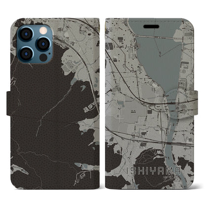 【石山（滋賀県）】地図柄iPhoneケース（手帳タイプ）モノトーン・iPhone 12 / 12 Pro 用