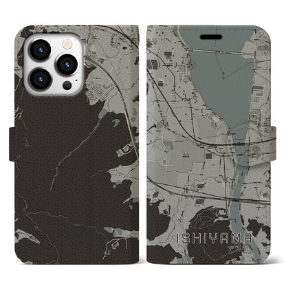 【石山（滋賀県）】地図柄iPhoneケース（手帳タイプ）モノトーン・iPhone 13 Pro 用