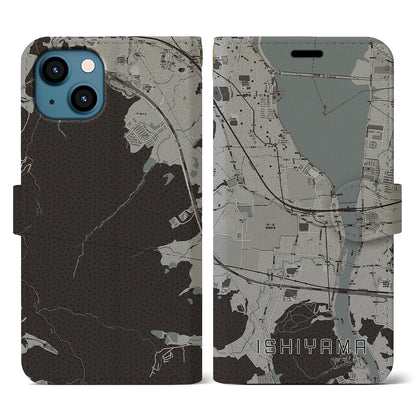 【石山（滋賀県）】地図柄iPhoneケース（手帳タイプ）モノトーン・iPhone 13 用