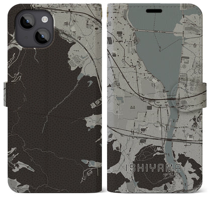 【石山（滋賀県）】地図柄iPhoneケース（手帳タイプ）モノトーン・iPhone 14 Plus 用