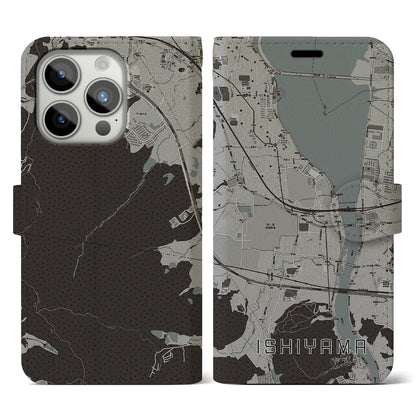 【石山（滋賀県）】地図柄iPhoneケース（手帳タイプ）モノトーン・iPhone 15 Pro 用