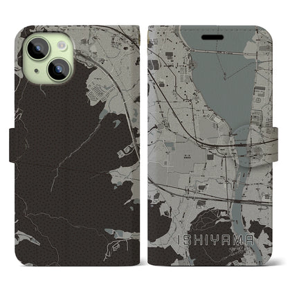 【石山（滋賀県）】地図柄iPhoneケース（手帳タイプ）モノトーン・iPhone 15 用