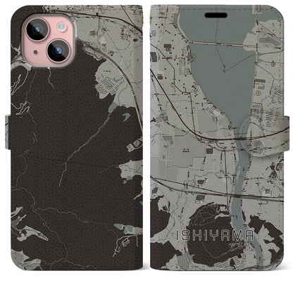 【石山（滋賀県）】地図柄iPhoneケース（手帳タイプ）モノトーン・iPhone 15 Plus 用