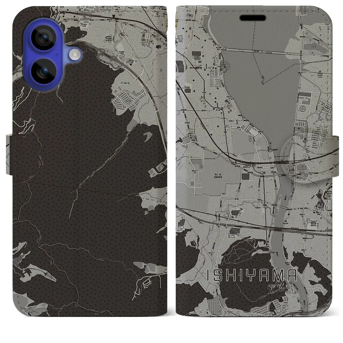 【石山(滋賀県)】地図柄iPhoneケース(手帳タイプ)モノトーン・iPhone 16 Pro Max 用