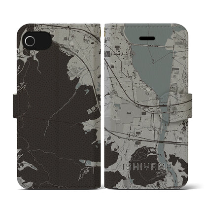 【石山（滋賀県）】地図柄iPhoneケース（手帳タイプ）モノトーン・iPhone SE（第3 / 第2世代） / 8 / 7 / 6s / 6 用