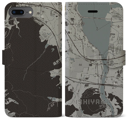 【石山（滋賀県）】地図柄iPhoneケース（手帳タイプ）モノトーン・iPhone 8Plus /7Plus / 6sPlus / 6Plus 用