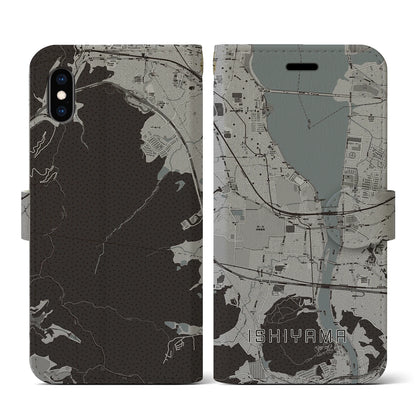 【石山（滋賀県）】地図柄iPhoneケース（手帳タイプ）モノトーン・iPhone XS / X 用