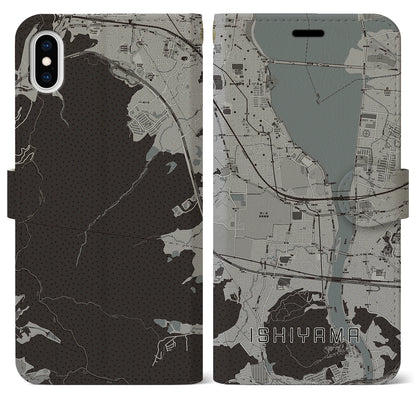 【石山（滋賀県）】地図柄iPhoneケース（手帳タイプ）モノトーン・iPhone XS Max 用