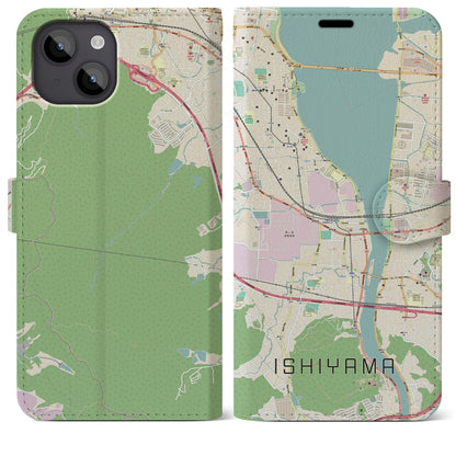 【石山（滋賀県）】地図柄iPhoneケース（手帳タイプ）ナチュラル・iPhone 14 Plus 用